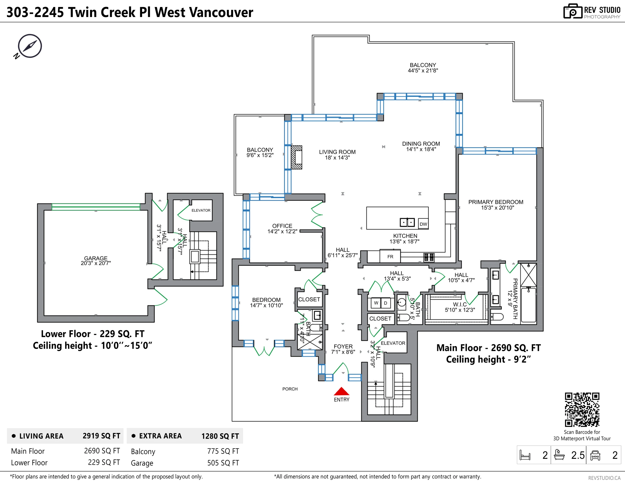 Floor plan of 303-2245 Twin Creek Place: the main floor with the living room, the dining room, the kitchen, the office, the primary bedroom with its bathroom and walk-in closet, a second bedroom with a bathroom, a powder room, the foyer and the elevator, and the balconies on the water side; the lower floor with the halls, the stair, the elevator and the double garage