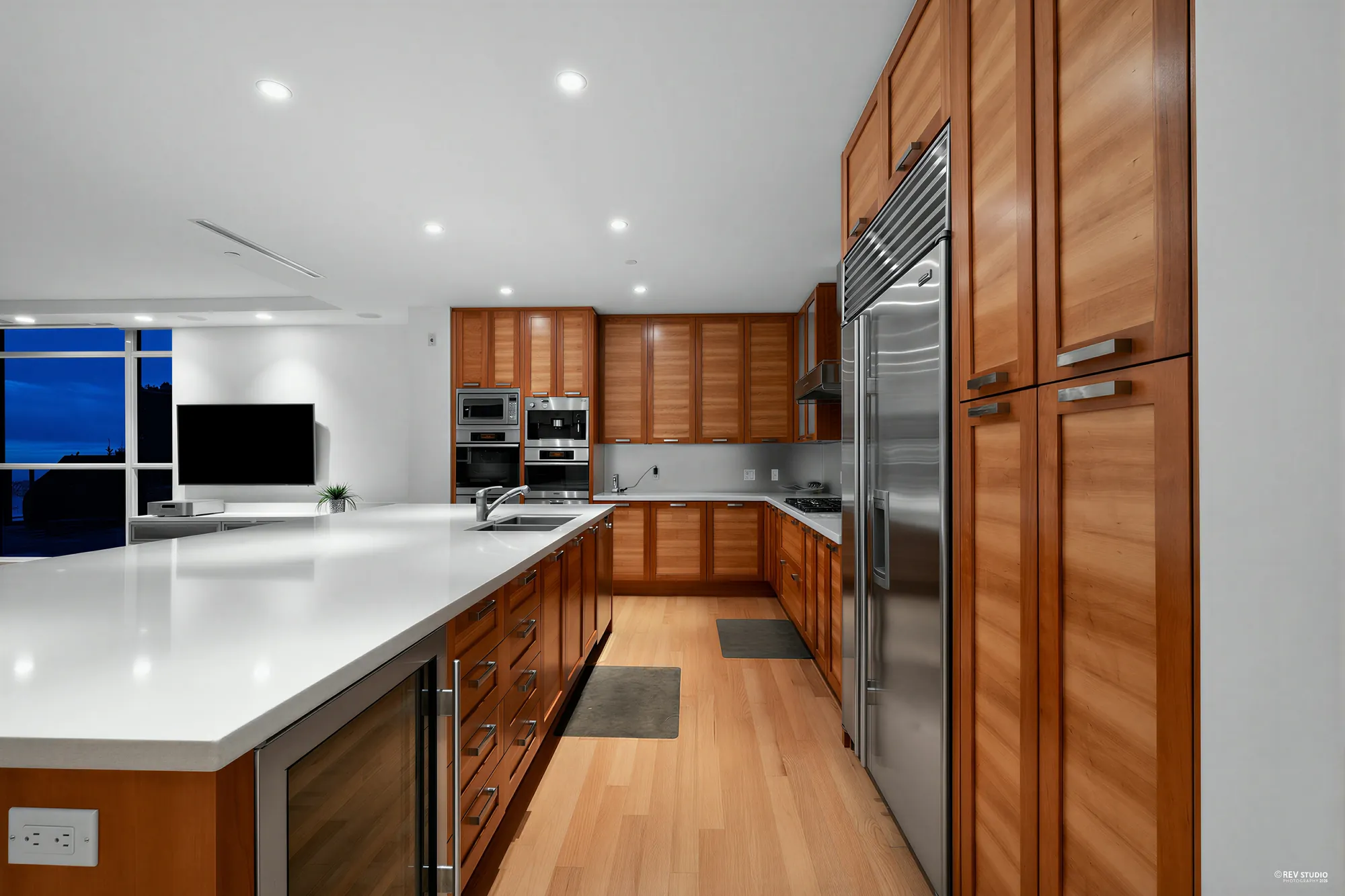 The same view along the kitchen at dusk
